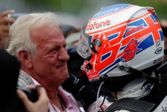 John Button celebrating with son Jenson after a Grand Prix victory