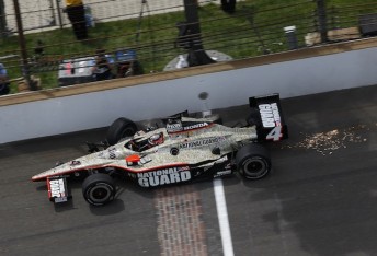 JR Hilderbrand slides across the line of bricks to finish second after crashing from the lead at the final corner