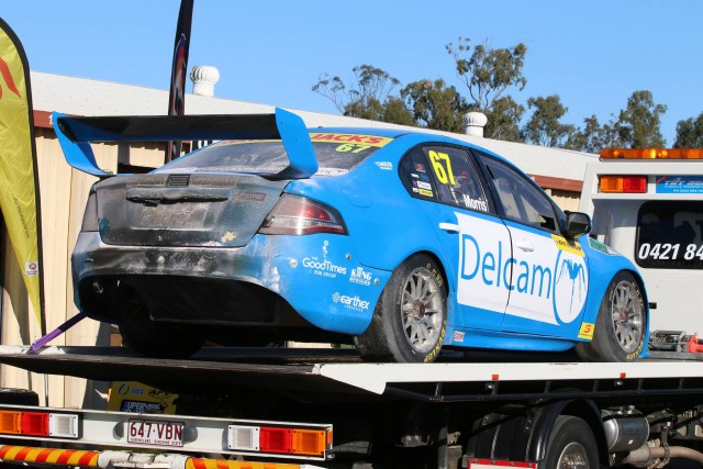 Morris' Falcon returns to the Dunlop Series paddock after the blaze. pic: Matthew Paul Photography