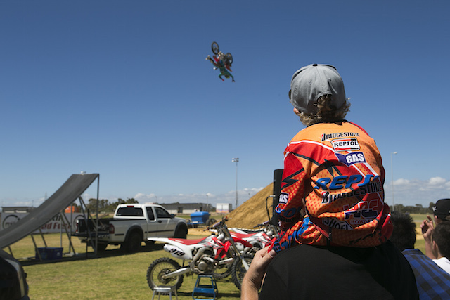 A young fan fixed on freestyle motocross superstar Josh Sheehan at the Perth Speed Fest. pic: Travis Hayto