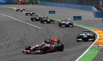 thumb Jenson Button leads a pack of cars at last week's European Grand Prix