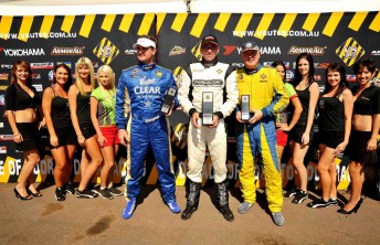 ta Jack Elsegood, Grant Johnson and Kim Jane celebrate on the V8 Ute podium