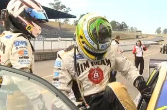 thumb Warren Luff makes way for James Courtney in the #18 Jim Beam Racing Falcon at Eastern Creek today