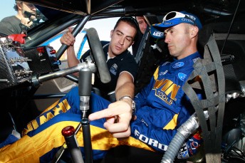 thumb Alex Davison shows David Brabham the layout of the IRWIN Ford