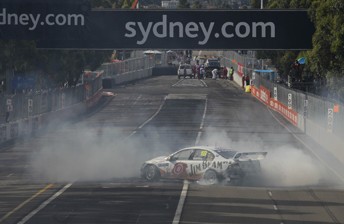 thumb James Courtney performs his championship burnout on Sudnay at last year's Sydney Telstra 500