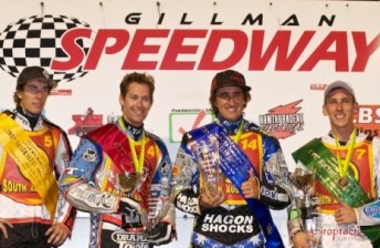 thumb Chris Holder (2nd from right) is flanked by Sam Masters (4th), Davey Watt (2nd) and Cameron Woodward (3rd) at Gillman. (Pic: speedwaygp.com)