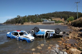 thumb George Miedecke (Ford capri) and Rod (Subaru) crashed into the Huon River today