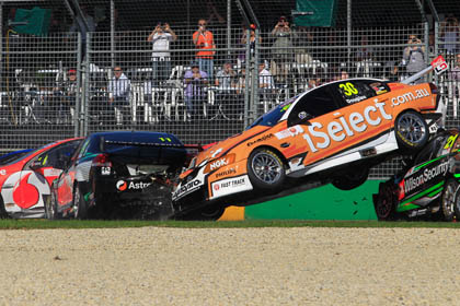 thumb Taz Douglas is launched into the air during the big Race 3 accident