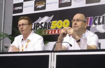 thumb V8 Supercars chairman Tony Cochrane (left) and CEO David Malone in Adelaide today