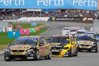 car Steven Johnson leads team-mates James Moffat and Dean Fiore at Barbagallo Raceway last weekend