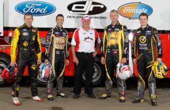 thumb Dick Johnson flanked by current drivers (from left) Steve Owen, Dean Fiore, Steven Johnson and James Moffat