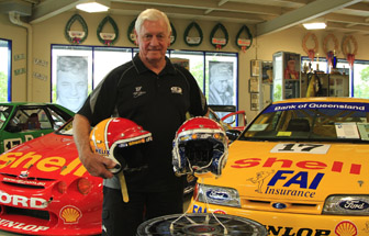 thumb V8 legend Dick Johnson with his original helmet and the unique artwork