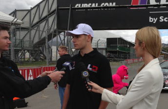 Scott Pye speaks to the media under the Clipsal bridge in Adelaide