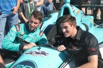James Davison (left) and Matthew Brabham with the decal paying tribute to Sir Jack Brabham