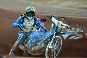 Matej Zagar heads towards the fence in Sweden