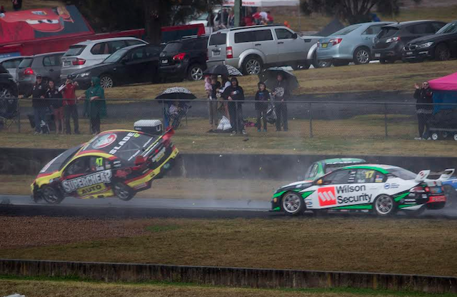 Slade's car takes flight after its contact with Reynolds' Falcon