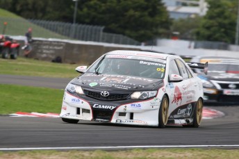 Jason Bargwanna seals the Jason Richards trophy in the NZ Touring Cars. pic: Iain Whitaker