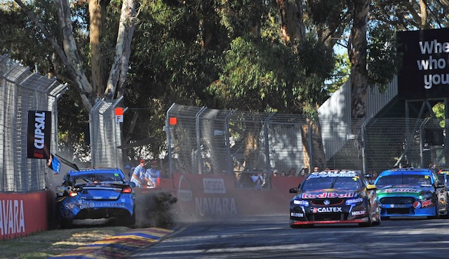 Chaz Mostert slams into the fence following an incident with Jamie Whincup. Pic: John Morris
