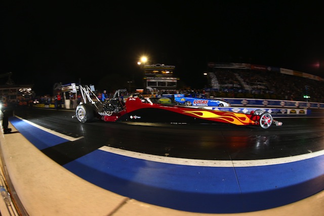 Jon Sting (near lane) and Gary Phillips (far lane) will be leading the way in Top Alcohol at this weekend's Easter Saturday spectacular. Pics: dragphotos.com.au