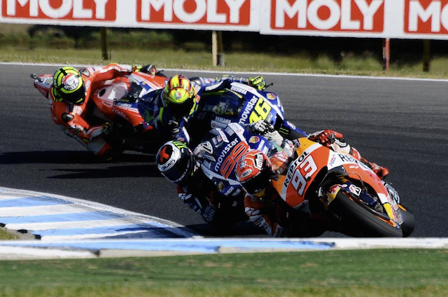 Cliffhanger … the intense fight between Marc Marquez, Jorge Lorenzo, Valentino Rossi (eventually fourth) and Andrea Iannone was lauded as the best in years
