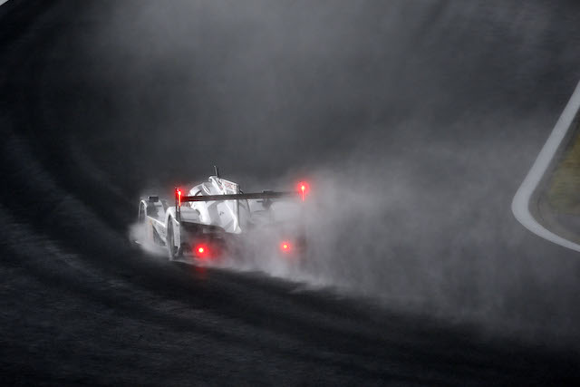 The Mark Webber, Brendon Hartley and Timo Bernhard Porsche 919 kicks up spray on its way to a third straight victory and the lead in the WEC drivers’ title