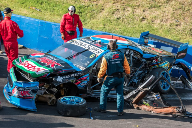 Chaz Mostert's crashed car at Forrest's Elbow