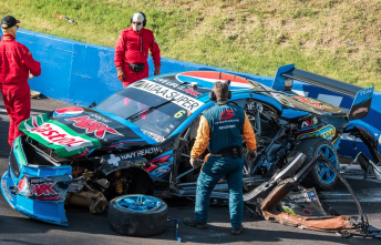 The wreckage of Chaz Mostert's Prodrive Falcon following a heavy shunt in qualifying