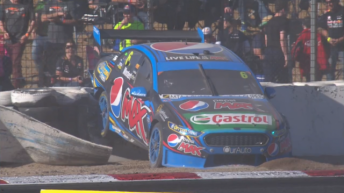 Mostert's Falcon sitting on the barrier at Turn 4