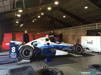 Chilton's #8 Chevrolet being prepared to turn laps of the Fontana D-shaped super speedfway