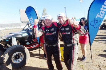 Glenn Owen and Mathew Ryan are jubilant after taking the cars division