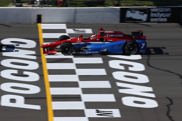 Mikhail Aleshin has claimed his first IndyCar pole at Pocono